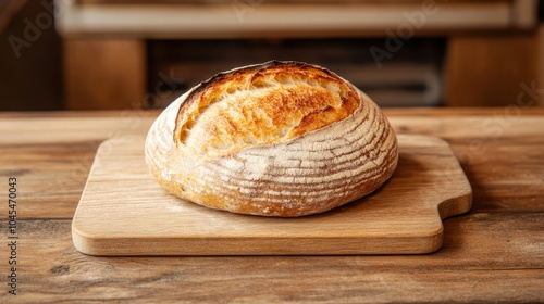 A rustic loaf of sourdough bread fresh from the oven, with a crackling crust, resting on a wooden board in a traditional bakery