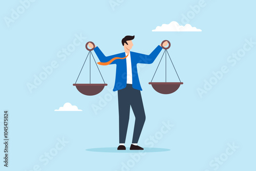 Flat illustration of Businessman compares scales to measure integrity and ethical decisions representing pros and cons