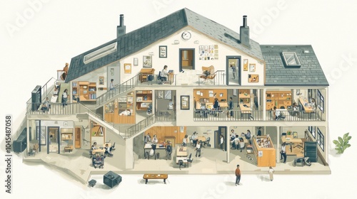 Cross-sectional view of a busy house with multiple rooms and people working