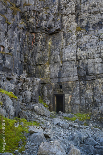 A door to a room in Herbert's quarry on the Black Mountain in Carmarthenshire, South Wales, UK 