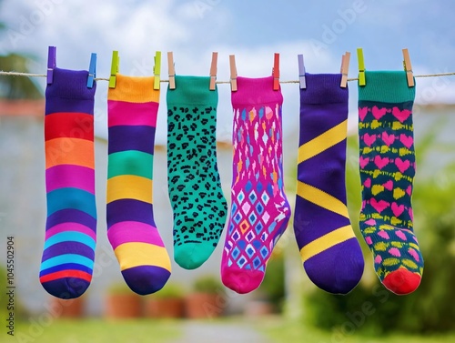 Colorful socks hang on a clothesline under a bright sky, showcasing playful patterns and vibrant hues, perfect for fashion lovers.