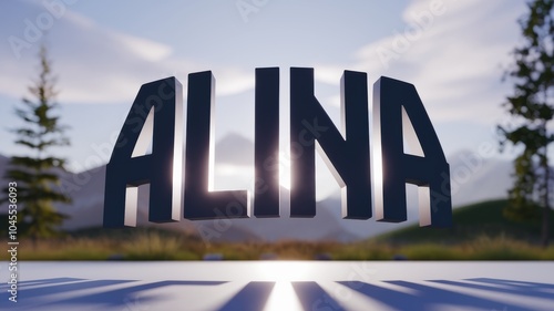 3D Typography 'ALINA' with Scenic Background: Vibrant Colors, Nature Elements, Ideal for Branding and Creative Projects