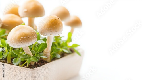 Mushrooms growing with fresh green plants in a natural setting, white isolate background.