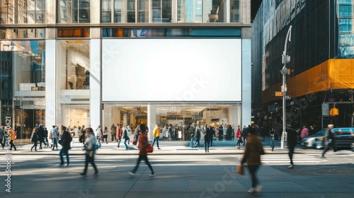 Blank storefront sign mockup on a busy city shopping street