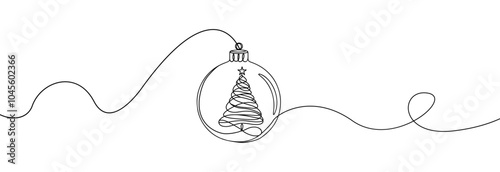 Christmas ball one line icon. Simple one continuous line drawing of christmas bauble with christmas tree inside isolated on white background.Holiday christmas decoration.