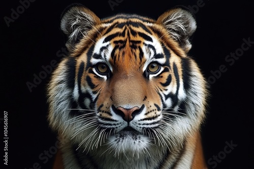 A stunning close-up of a tiger's face, showcasing its vibrant fur and intense gaze against a dark background. The powerful animal represents strength and grace.