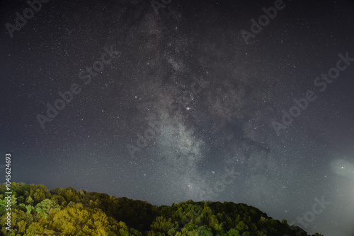 Milky Way and Starry Night Sky Above Forested Hills.