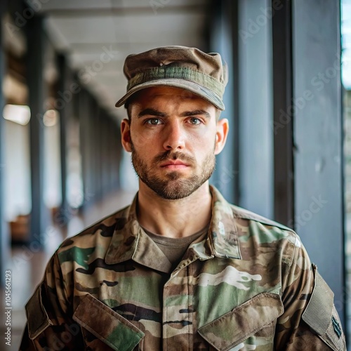 A serious male soldier in full camouflage uniform stands indoors, expressing focus and determination. This strong military portrait is perfect for themes related to service, patriotism, and duty...