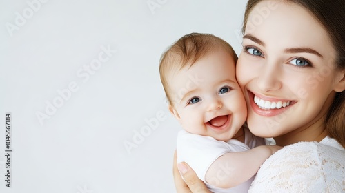 Smiling mother and baby on white background