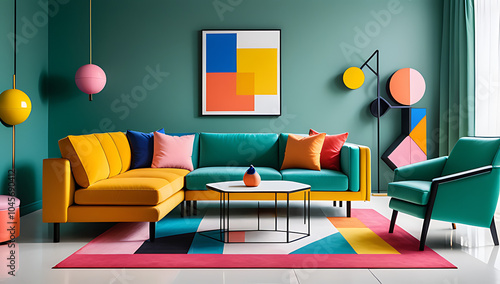 postmodern memphis style furniture features vibrant colors geometric shapes modern living room design