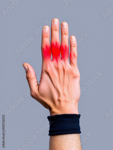 A man grab hand palm because the hand palm was injured. Hand pain. On a gray background.