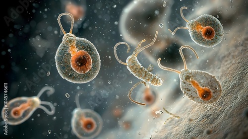 Microscopic close up view showcasing the movement and behavior of liver fluke larvae swimming in a freshwater habitat