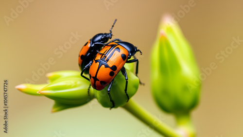 Graphosoma lineatum. Two beetle minstrel breed sitting on a branch of a green plant. Selective focus macro with bokeh background