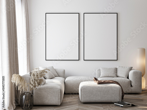 Frame mockup, ISO A paper size. Living room wall poster mockup. Interior mockup with house background. Modern interior design. 3D render