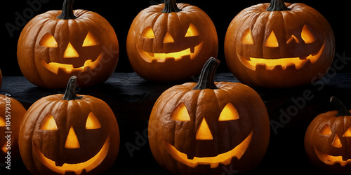 Mehrere leuchtende Halloween-Kürbisse mit geschnitzten Gesichtern, die zusammen eine unheimliche und festliche Atmosphäre vor einem dunklen Hintergrund schaffen