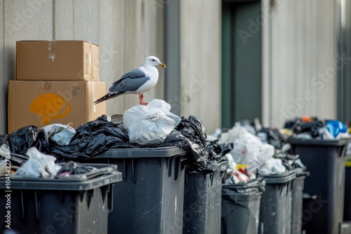  Gaviota posada sobre un contenedor de basura lleno de bolsas y desperdicios, en una zona urbana con un fondo gris. Representa el problema de la basura en la ciudad y su impacto en la fauna.