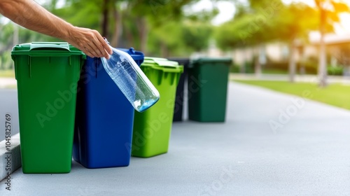  Una persona sostiene una botella de plástico y la deposita en un contenedor azul de reciclaje, promoviendo la separación de residuos en una zona residencial.