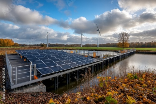  Plataforma flotante con paneles solares en un campo, captando energía solar en un entorno natural.