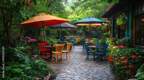 A charming outdoor patio with colorful umbrellas, tables, and chairs set amidst lush greenery and vibrant flowers.