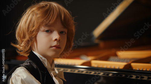 Serious young boy in a suit posing near a grand piano, expressing his love for music and classical instruments in a portrait