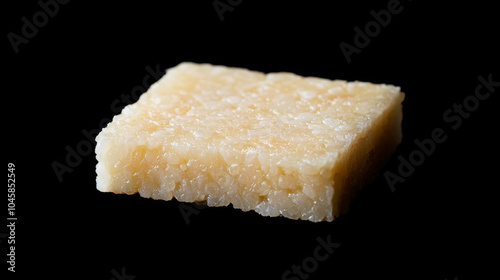 A square sticky rice cake, made with glutinous rice, is a traditional food eaten during Vietnamese Tet and Chinese New Year. The image shows the cake against a black background, with no shadow.