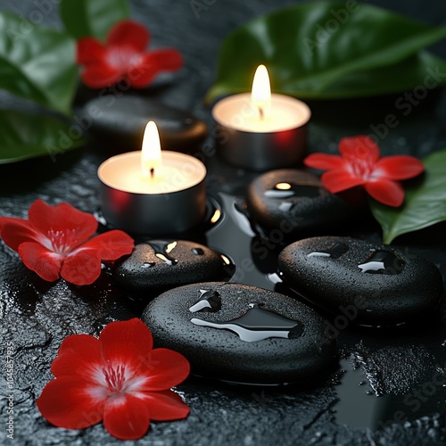 A tranquil arrangement of black stones, tealight candles, and red flowers on a dark surface, creating a soothing ambiance perfect for relaxation or meditation