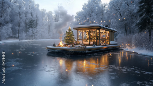 A beautifully lit floating boathouse is decorated for Christmas. The serene landscape of snowy trees, a Christmas tree, and soft lights reflect off the frozen river, making it an ideal winter retreat.