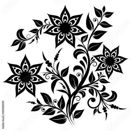 black and white ornament with abstract flowers, swirls and leaves on white isolated background, floral design element, decorative pattern, floristic print