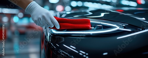 Hand in glove cleaning a car headlight with a red cloth in a brightly lit garage.