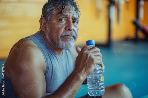 Senior Man Taking a Break in Gym, Hydrating with Water Bottle, Focused Expression After Workout, Fitness and Health Lifestyle Concept