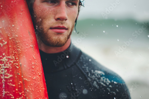 male surfer in wetsuit holds his red surfboard, anticipation and adventure by ocean