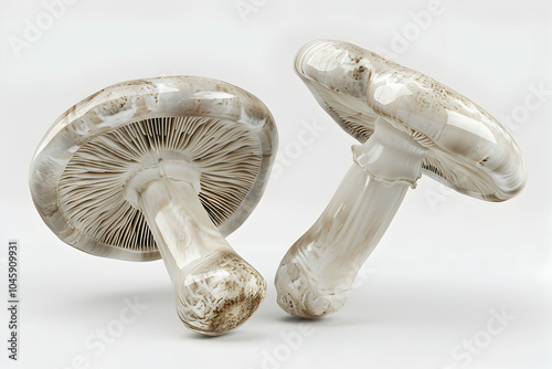 Two fresh white mushrooms with brown gills isolated on a white background.