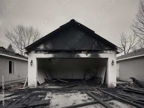 A detached garage with collapsed walls and a charred roof after a fire Fire damage Showcasing extensive property damage from a fire incident.