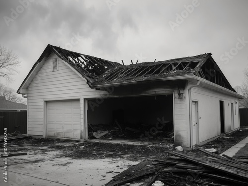 A detached garage with collapsed walls and a charred roof after a fire Fire damage Showcasing extensive property damage from a fire incident.