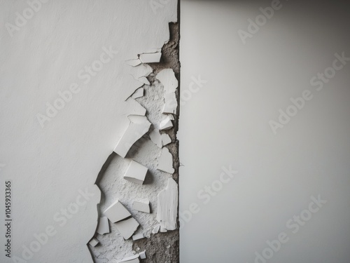 Peeling and chipped plaster disrupts the smoothness of a white wall.