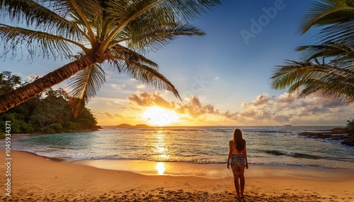 Turista observando o por do sol em uma linda praia