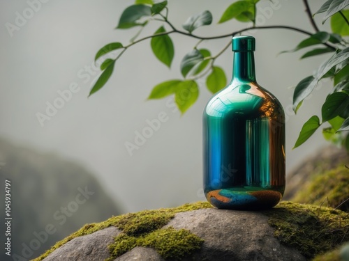 Colorful metallic bottle on rock in nature.