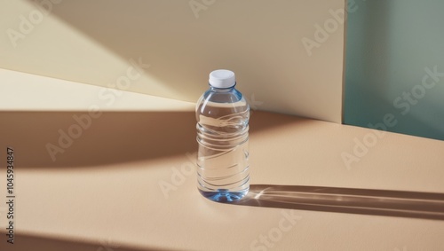 Plastic water bottle casting shadow on beige surface.