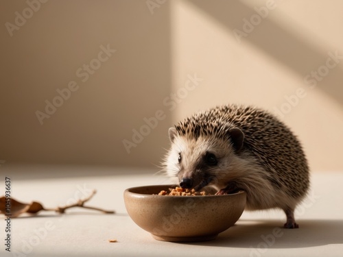 A curious hedgehog enjoying its meal from a bowl.