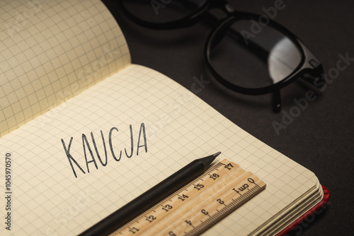 A handwritten inscription "Kaucja" on a grille of an open notebook on a wooden countertop, next to a black pencil, lighting of light. (selective focus)