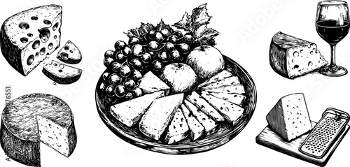 Vintage vector illustration set of wine glass, and plate with grape bunch and cheese slices.