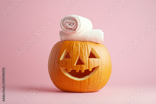 A pumpkin with a cute, carved face, wearing a rolled-up towel on its head as if at a spa, placed on a light pink background for a fun and whimsical autumn scene.