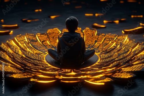 3D rendering of a person surrounded by glowing words of affirmation, symbolizing the power of positive self-talk and self-love