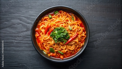 Spicy Korean chicken ramen noodle soup with wide-angle view