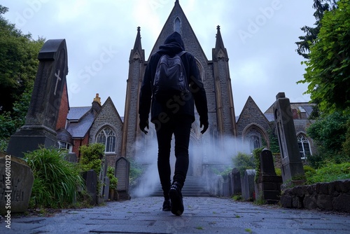 Gothic-inspired scene of a person walking confidently through a misty graveyard, capturing the fearlessness and boldness of acting in uncertain times