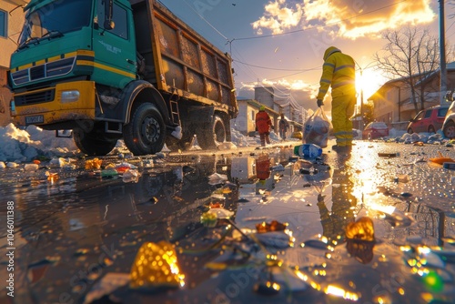 Residential Waste Collection: Garbage Men Loading Household Rubbish in Garbage Truck