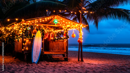 Tropical beach cabana with festive lights and a surfboard