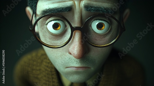 Sad, stressed cartoon man in glasses, looking down, 3D rendered, deep shadows, muted tones, close-up overhead shot, adult male showing emotional vulnerability