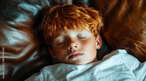 A serene image of a red-haired boy with freckles peacefully resting on a brown leather couch, illustrating innocence, calm, and childhood dreams.