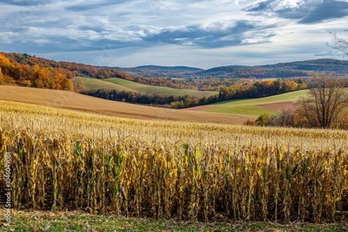 Rustic fall landscape with a field cornstalks and a backdrop rolling hills